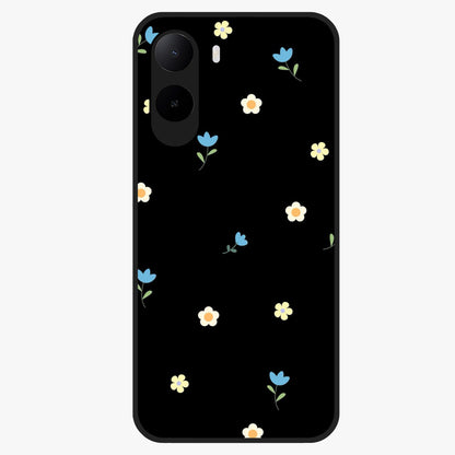Minimalistic Blue With White Flower Pattern Glass Case showing flat back view with blue background and white flower pattern and glossy glass finish.