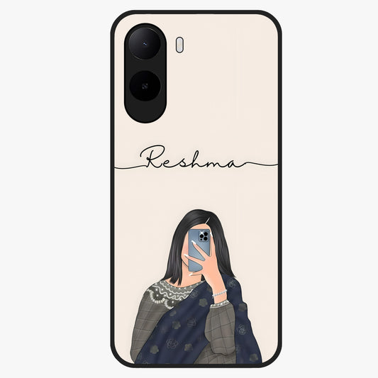 Mirror Mood Muse With Custom Name Glass Case showing flat back view with stylish mirrored artwork and personalized name design.