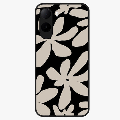 Monochrome Petal Dance Glass Case showing flat back view with monochrome floral artwork and glossy glass finish.