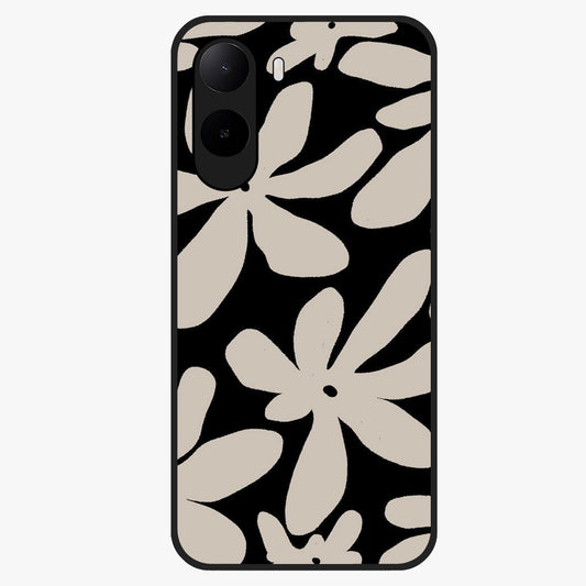 Monochrome Petal Dance Glass Case showing flat back view with monochrome floral artwork and glossy glass finish.