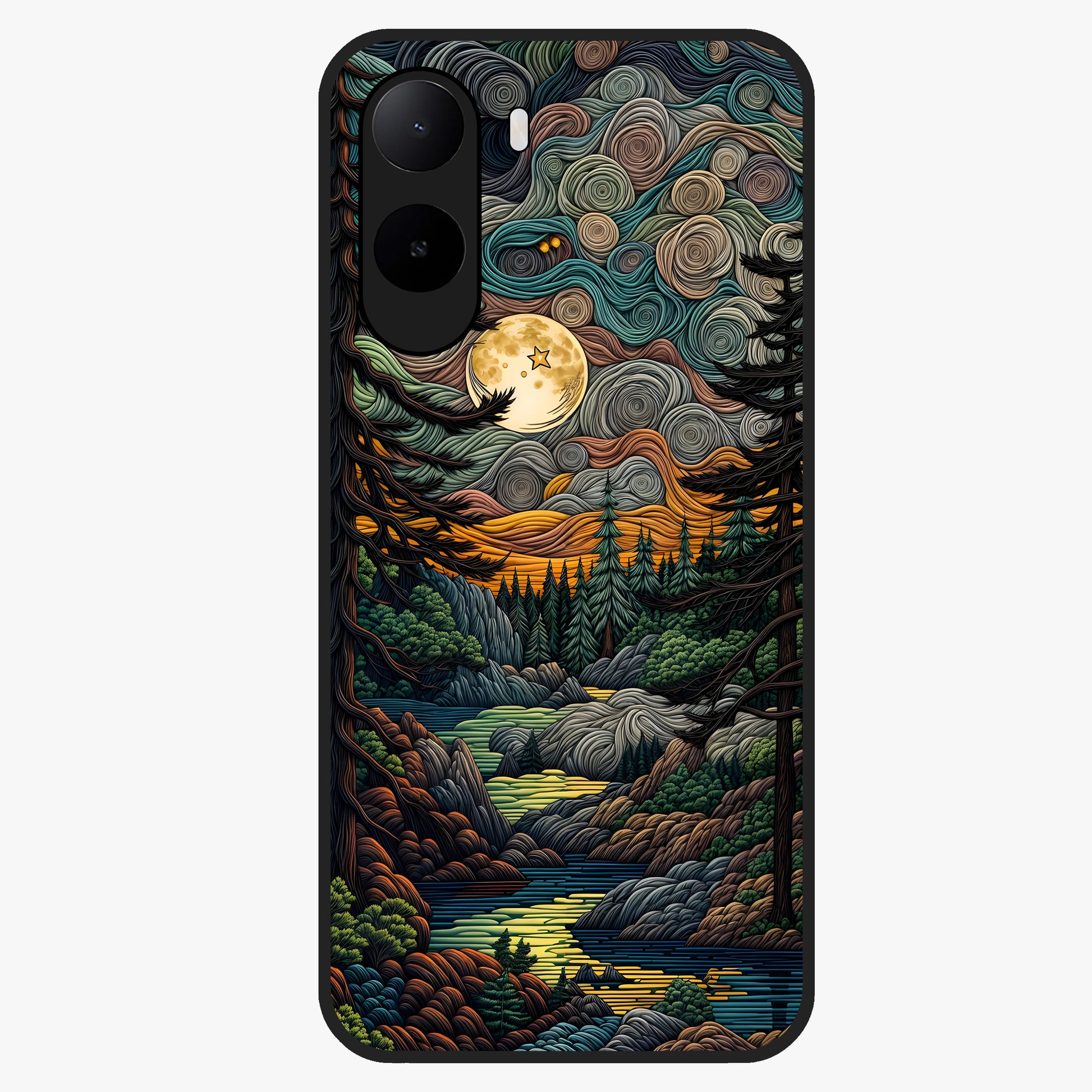 Moonlight Forest Dream Glass Case showing flat back view with mystical forest moonlight artwork and glossy glass finish.