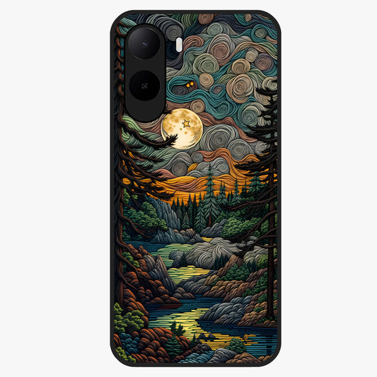 Moonlight Forest Dream Glass Case showing flat back view with mystical forest moonlight artwork and glossy glass finish.