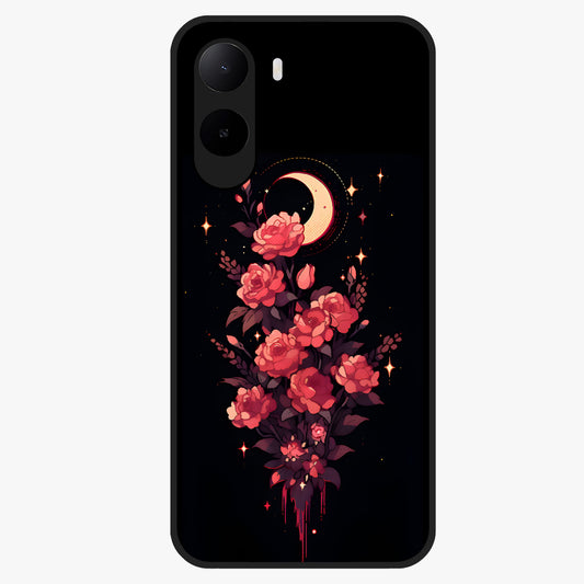 Moonlit Floral Elegance Glass Case showing flat back view with elegant floral artwork under moonlit tones and glossy glass finish.
