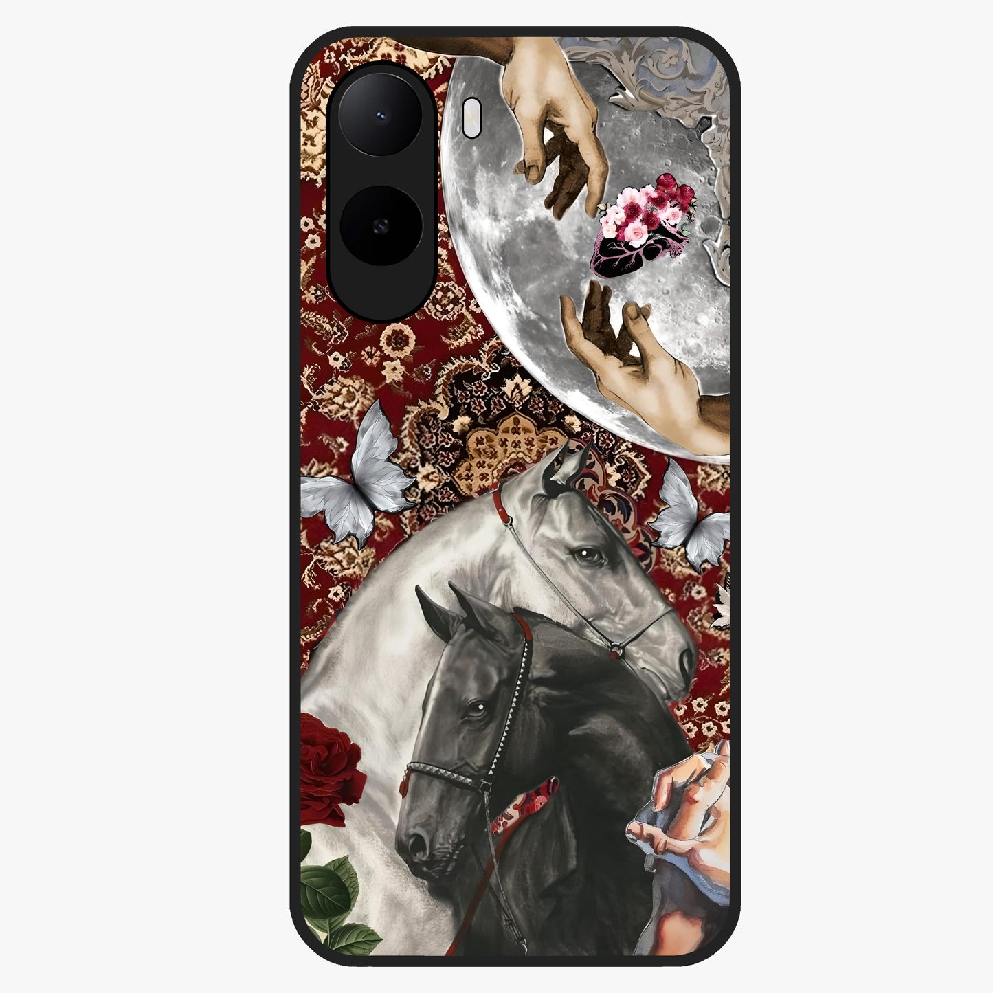 Moonlit Royal Stallion Glass Case showing flat back view with majestic horse under moonlight artwork and glossy glass finish.