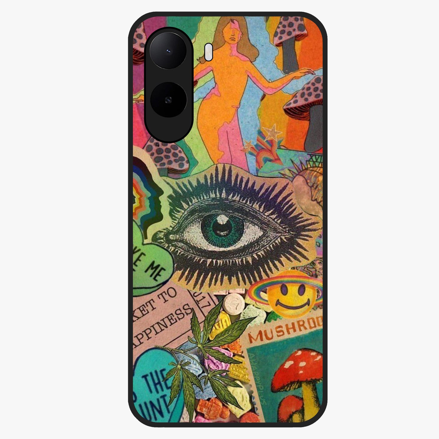 Mystic Eye Wonderland Glass Case showing flat back view with mystical eye themed artwork and glossy glass finish.