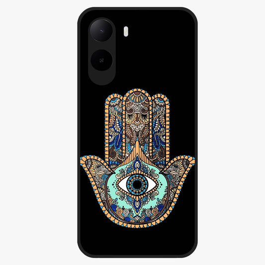 Mystic Hamsa Eye Glass Case showing flat back view with protective hamsa hand and evil eye artwork and glossy glass finish.
