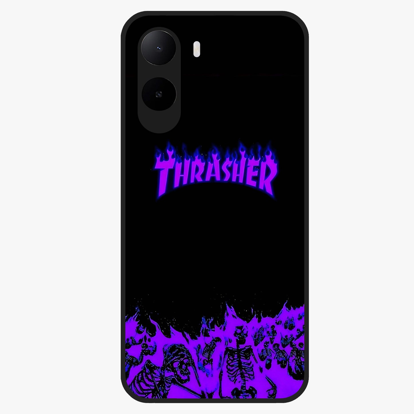 Neon Flame Riot Glass Case showing flat back view with neon flame artwork and glossy glass finish.