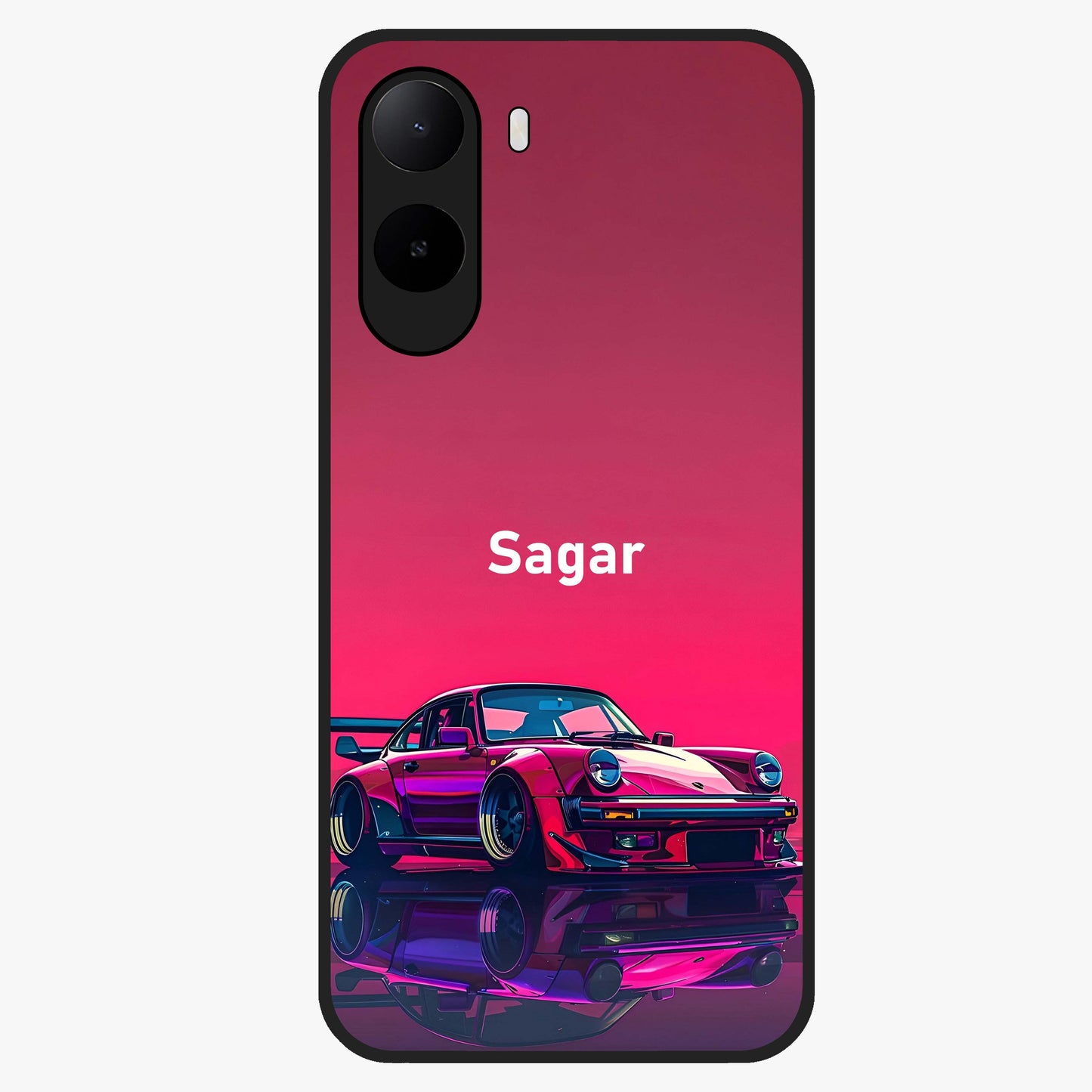 Neon Pink Porsche Glass Case showing flat back view with stylish sports car artwork and glossy glass finish.