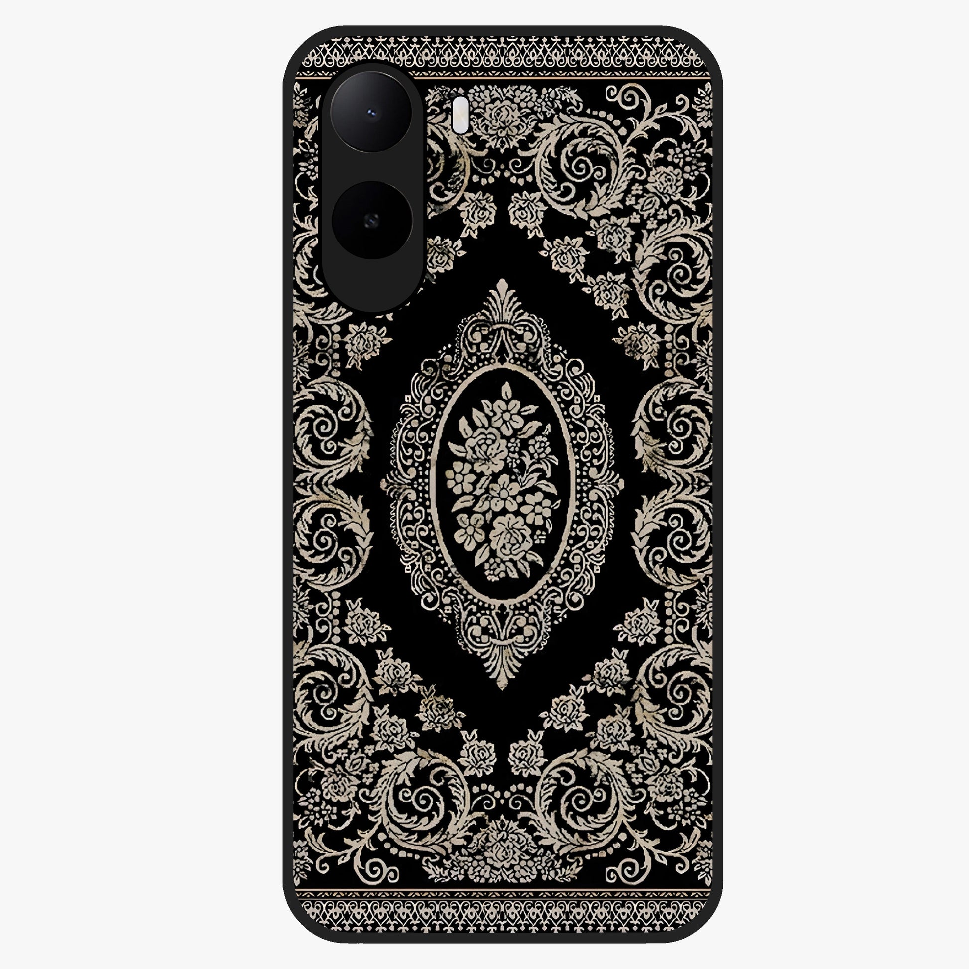 Noir Bloom Elegance Glass Case showing flat back view with elegant dark floral artwork and glossy glass finish.