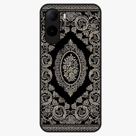 Noir Bloom Elegance Glass Case showing flat back view with elegant dark floral artwork and glossy glass finish.