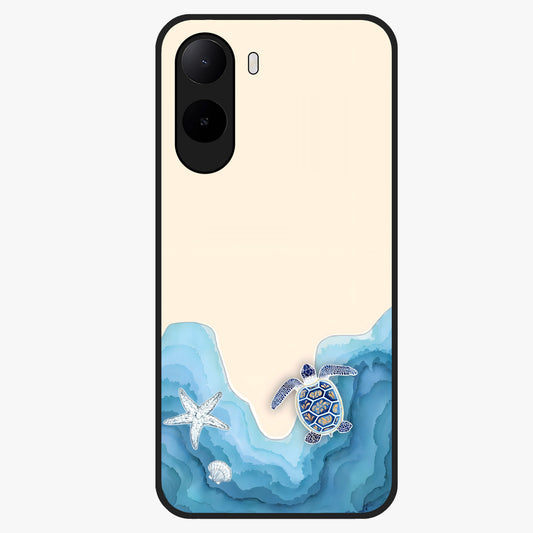 Ocean Drift Turtle Glass Case showing flat back view with sea turtle artwork and glossy glass finish.