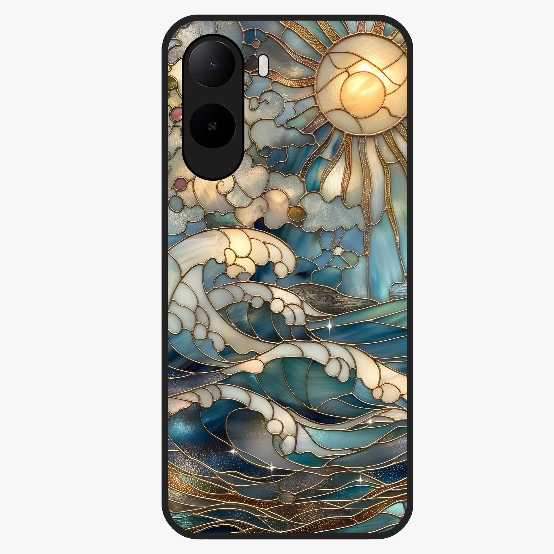 Oceanic Stained Printed Glass Case showing flat back view with ocean inspired stained pattern artwork and glossy glass finish.