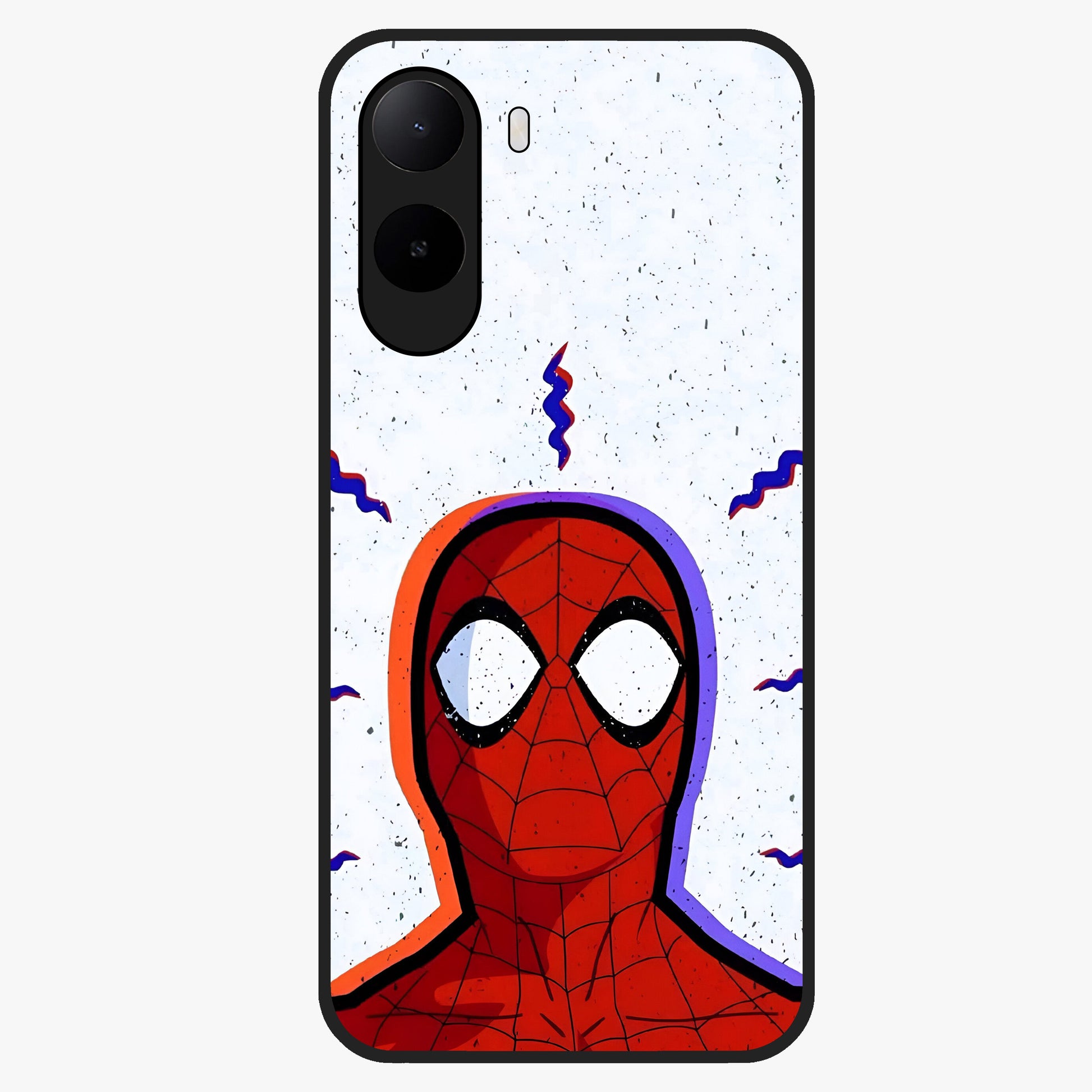 Omg Spiderman Glass Case showing flat back view with bold superhero inspired artwork and glossy glass finish.