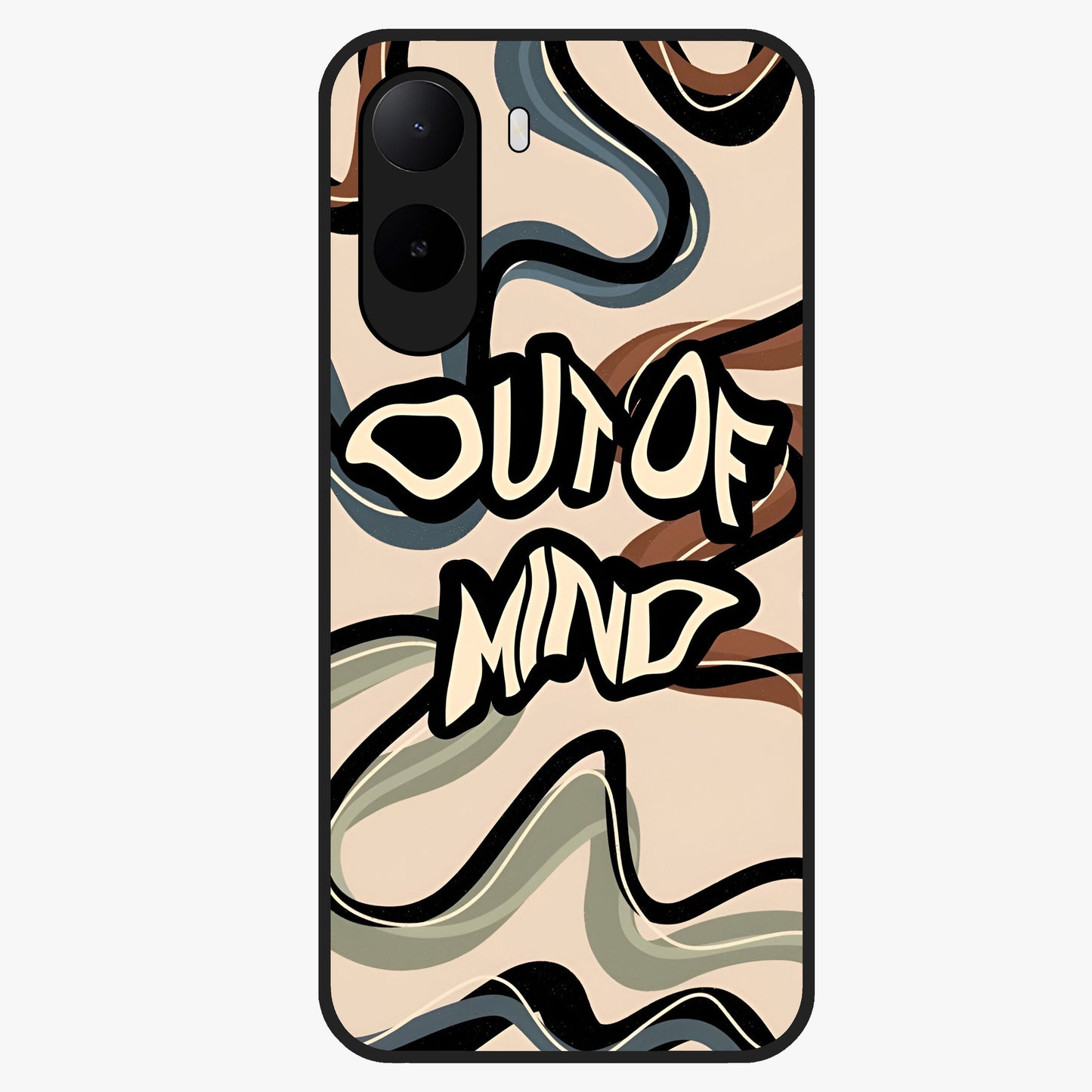 Out Of Mind Glass Case showing flat back view with expressive typography artwork and glossy glass finish.