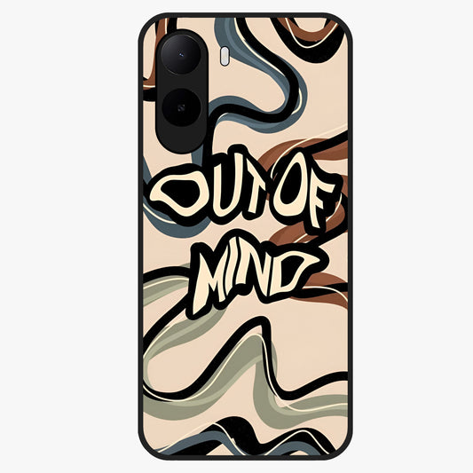 Out Of Mind Glass Case showing flat back view with expressive typography artwork and glossy glass finish.