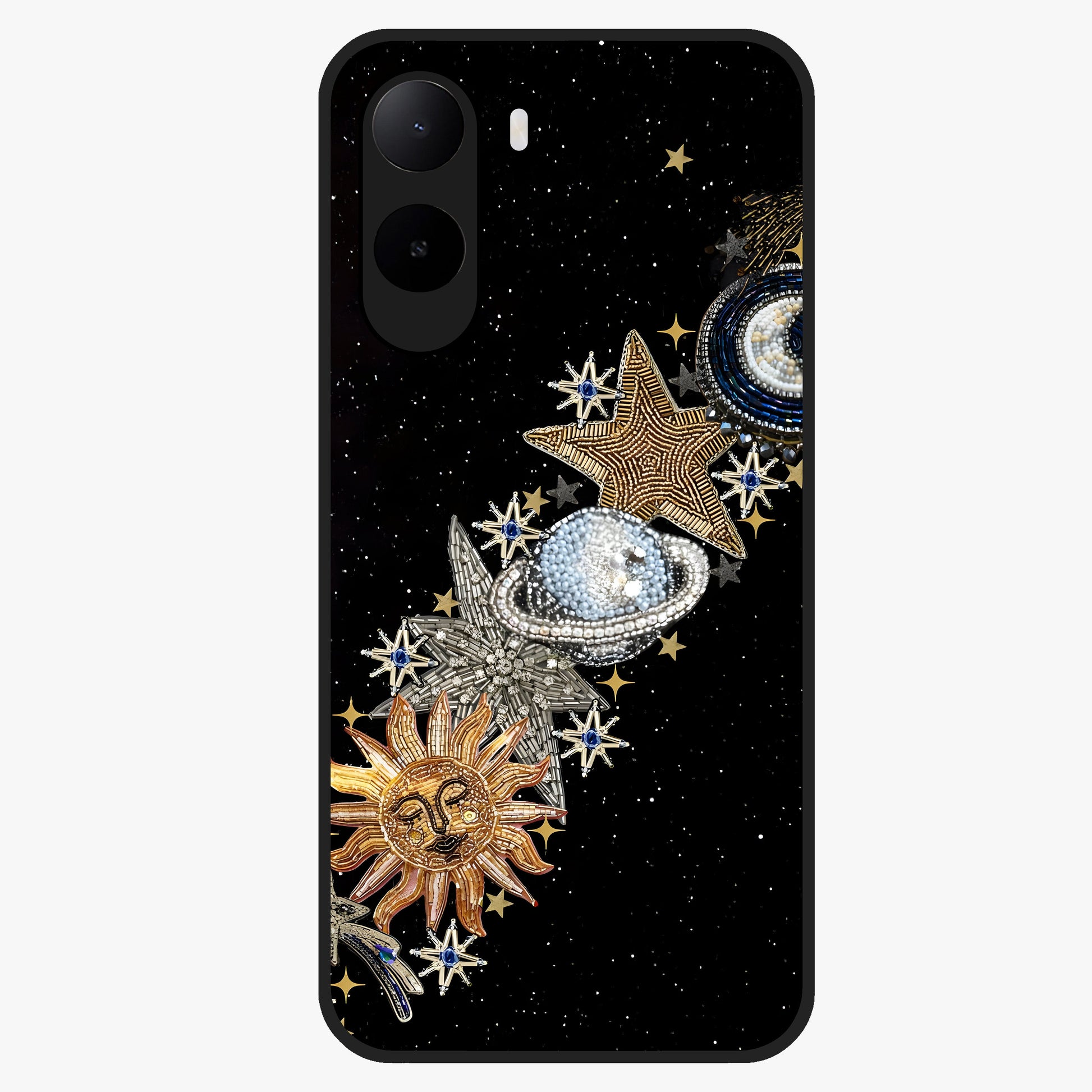 Pearls Universe Object Glass Case showing flat back view with pearl inspired cosmic artwork and glossy glass finish.