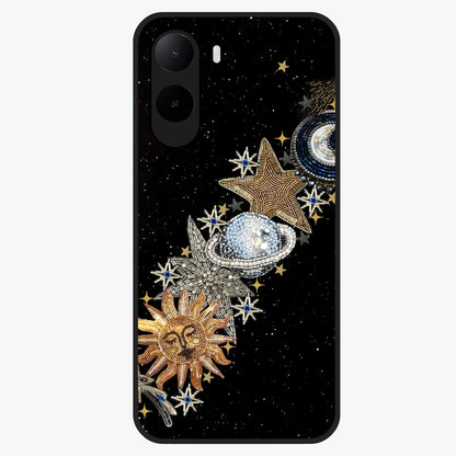 Pearls Universe Object Glass Case showing flat back view with pearl inspired cosmic artwork and glossy glass finish.