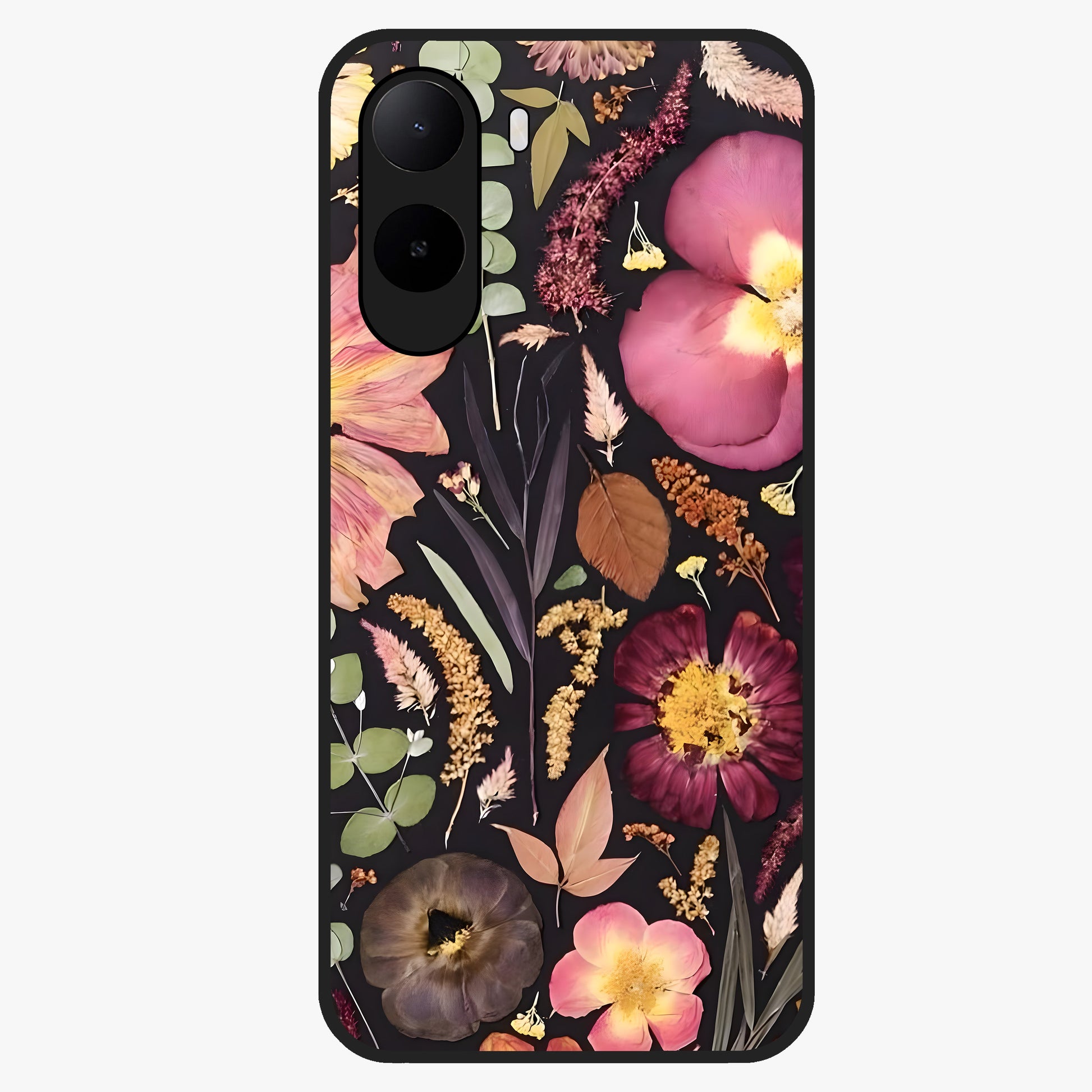Petal Dream Tapestry Glass Case showing flat back view with intricate floral tapestry artwork and glossy glass finish.