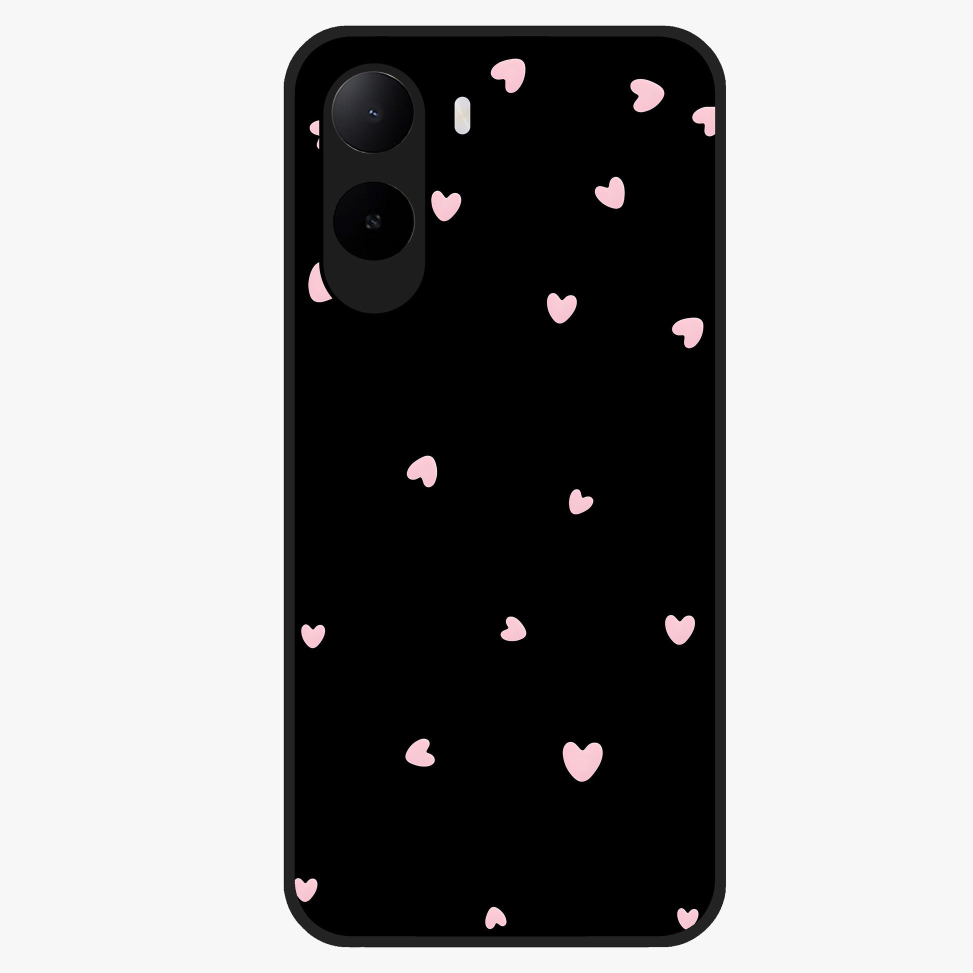 Pink Love Drops Glass Case showing flat back view with playful pink heart drops artwork and glossy glass finish.
