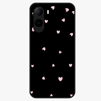 Pink Love Drops Glass Case showing flat back view with playful pink heart drops artwork and glossy glass finish.