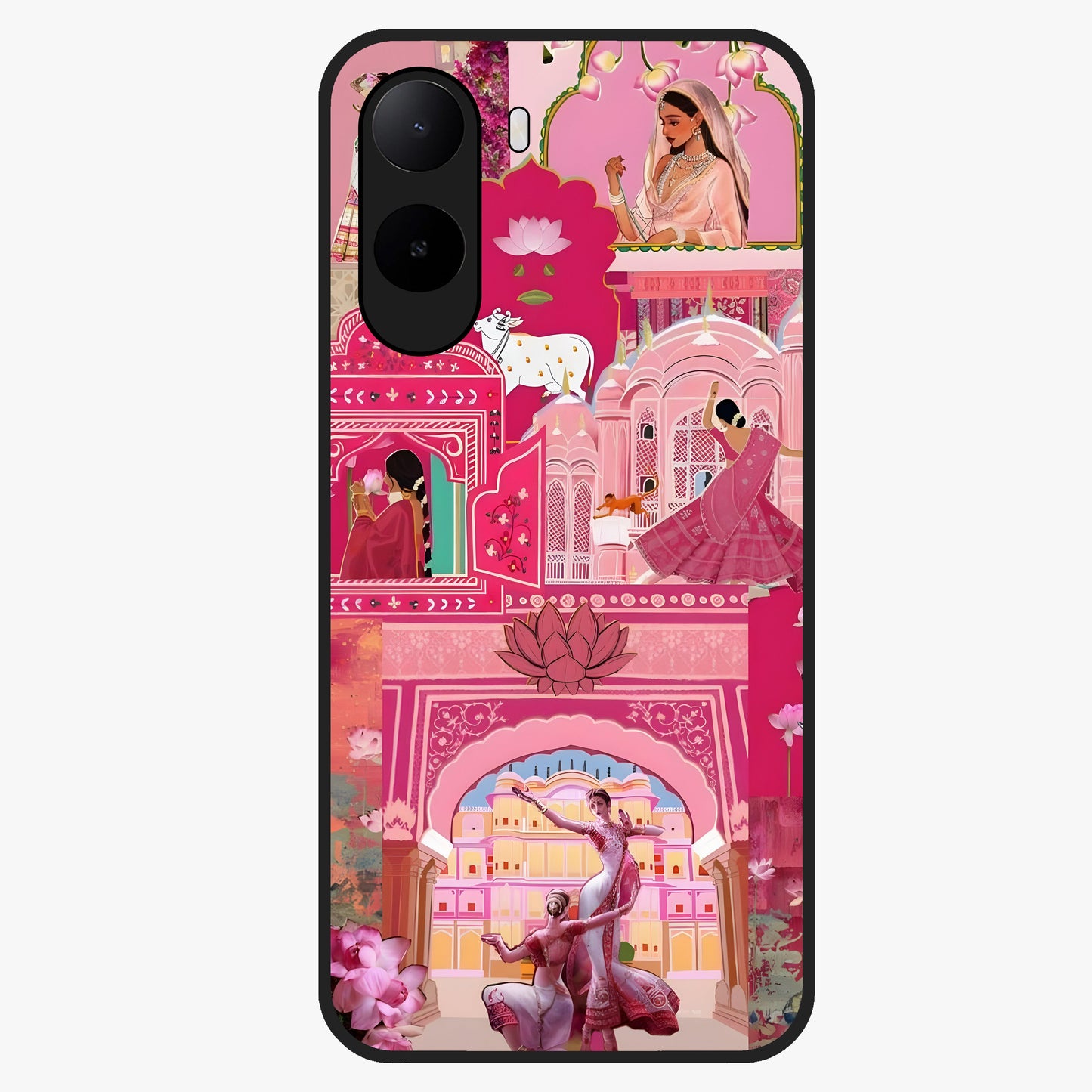 Pink Palace Muse Glass Case showing flat back view with elegant palace inspired artwork and glossy glass finish.