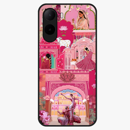 Pink Palace Muse Glass Case showing flat back view with elegant palace inspired artwork and glossy glass finish.