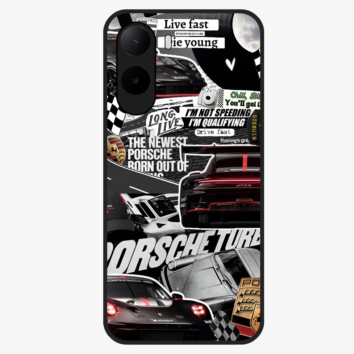 Porsche Racing Collage Glass Case showing flat back view with sports car racing collage artwork and glossy glass finish.