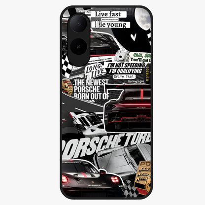 Porsche Racing Collage Glass Case showing flat back view with sports car racing collage artwork and glossy glass finish.