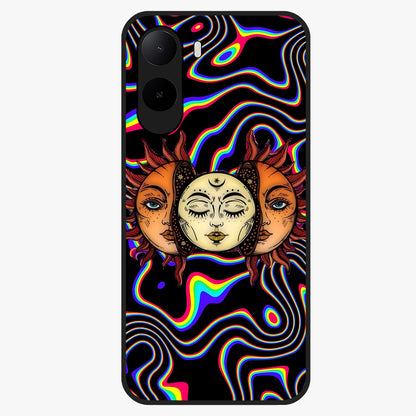Psychedelic Sun Glass Case showing flat back view with colorful psychedelic sun artwork and glossy glass finish.
