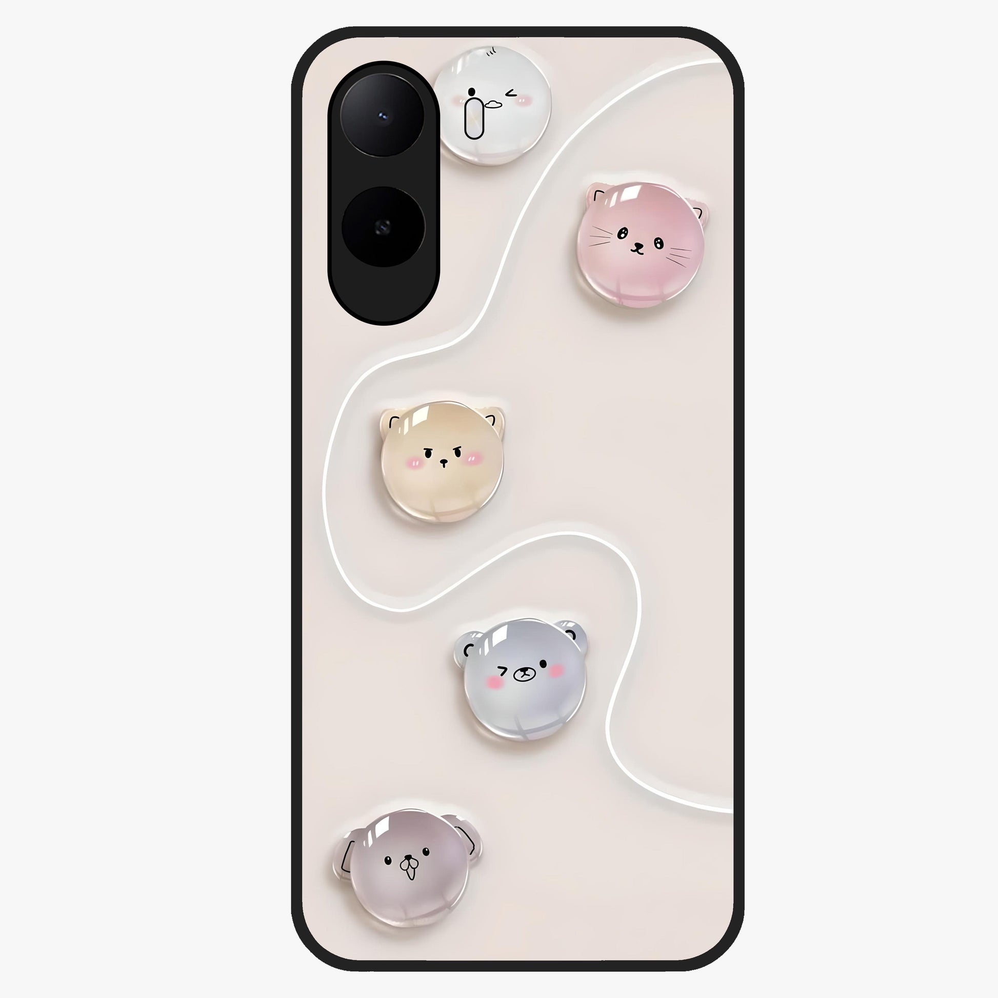 Puffy Face Parade Glass Case showing flat back view with cute puffy character faces artwork and glossy glass finish.