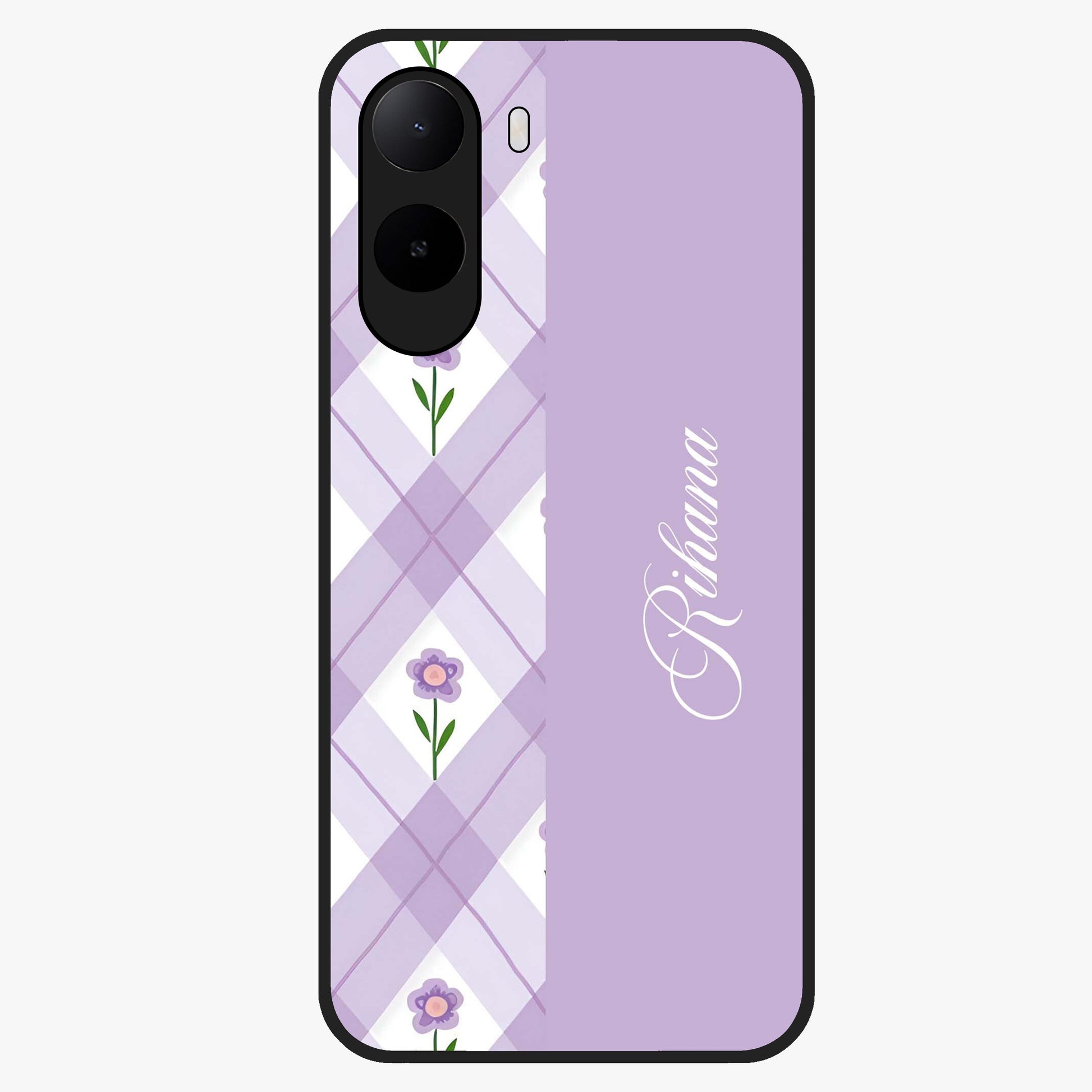 Purple Diamond Floral Glass Case showing flat back view with diamond shaped floral artwork and glossy glass finish.