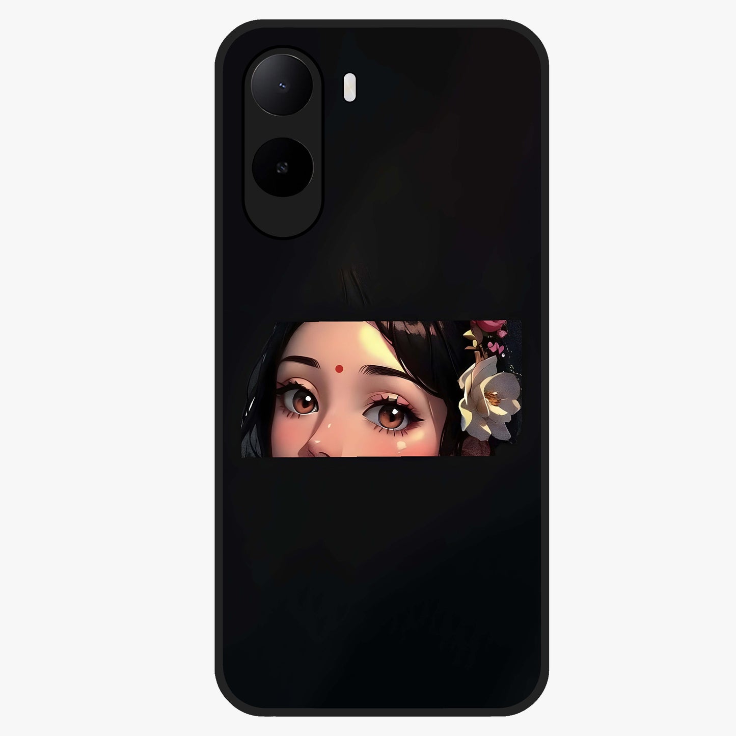 Radha Divine Embrace Glass Case showing flat back view with devotional Radha artwork and glossy glass finish.