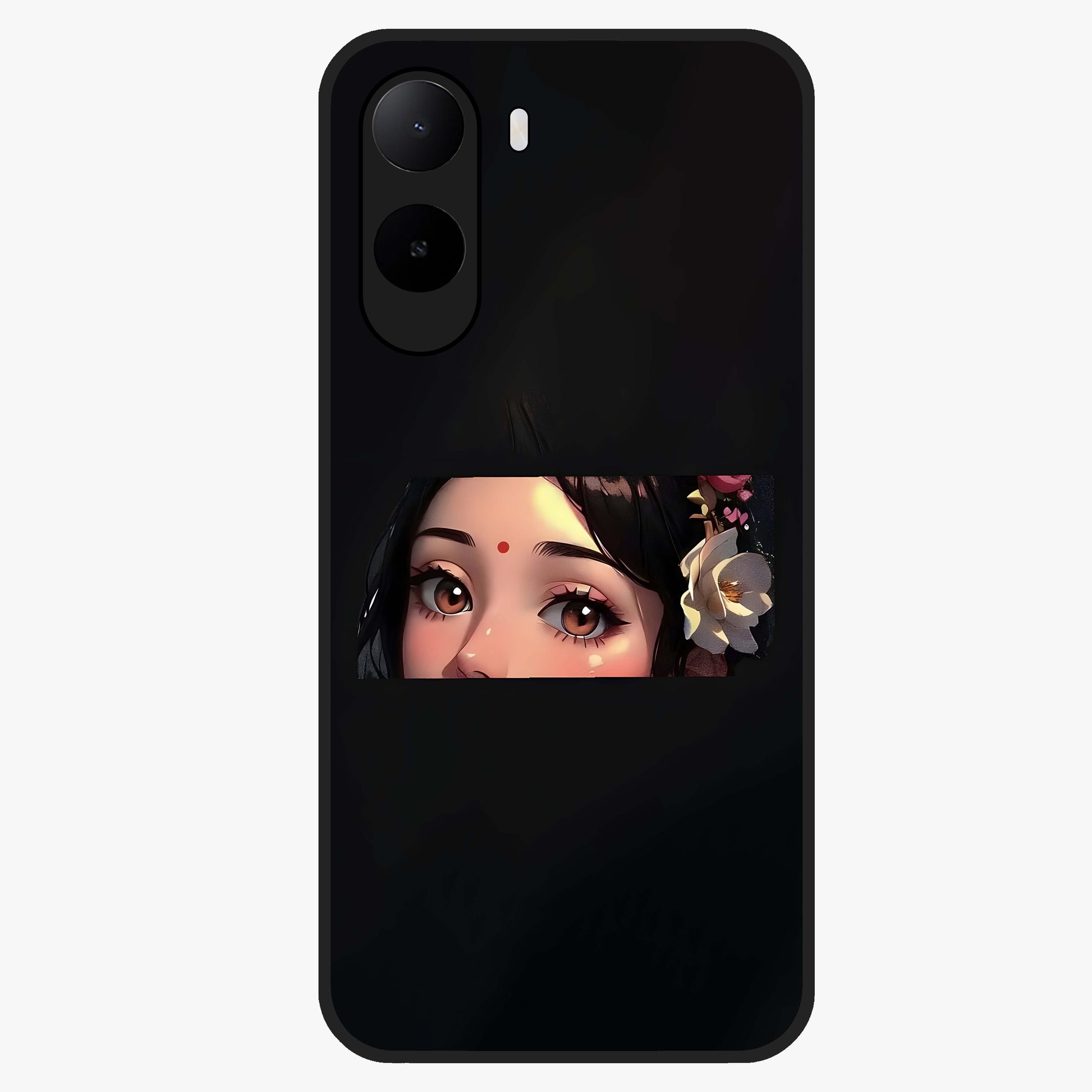 Radha Divine Embrace Glass Case showing flat back view with devotional Radha artwork and glossy glass finish.