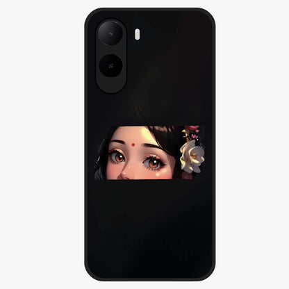 Radha Divine Embrace Glass Case showing flat back view with devotional Radha artwork and glossy glass finish.
