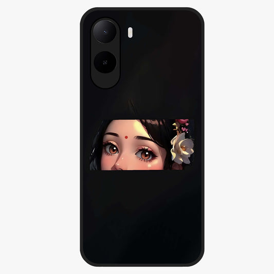 Radha Divine Embrace Glass Case showing flat back view with devotional Radha artwork and glossy glass finish.