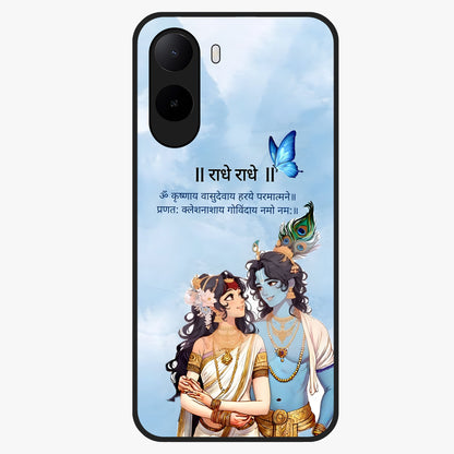 Radha Krishna Eternal Glass Case showing flat back view with Radha Krishna devotional artwork and glossy glass finish.