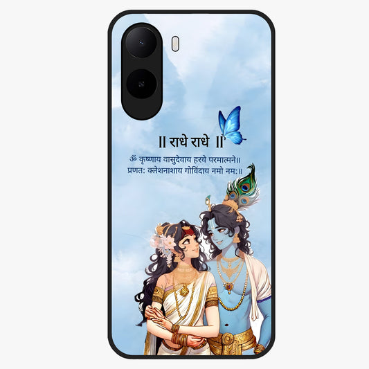 Radha Krishna Eternal Glass Case showing flat back view with Radha Krishna devotional artwork and glossy glass finish.
