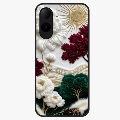 Radiant Bloom Elegance Glass Case showing flat back view with elegant blooming flower artwork and glossy glass finish.