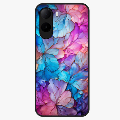 Radiant Floral Whirl Glass Case showing flat back view with swirling floral artwork and glossy glass finish.