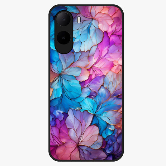 Radiant Floral Whirl Glass Case showing flat back view with swirling floral artwork and glossy glass finish.