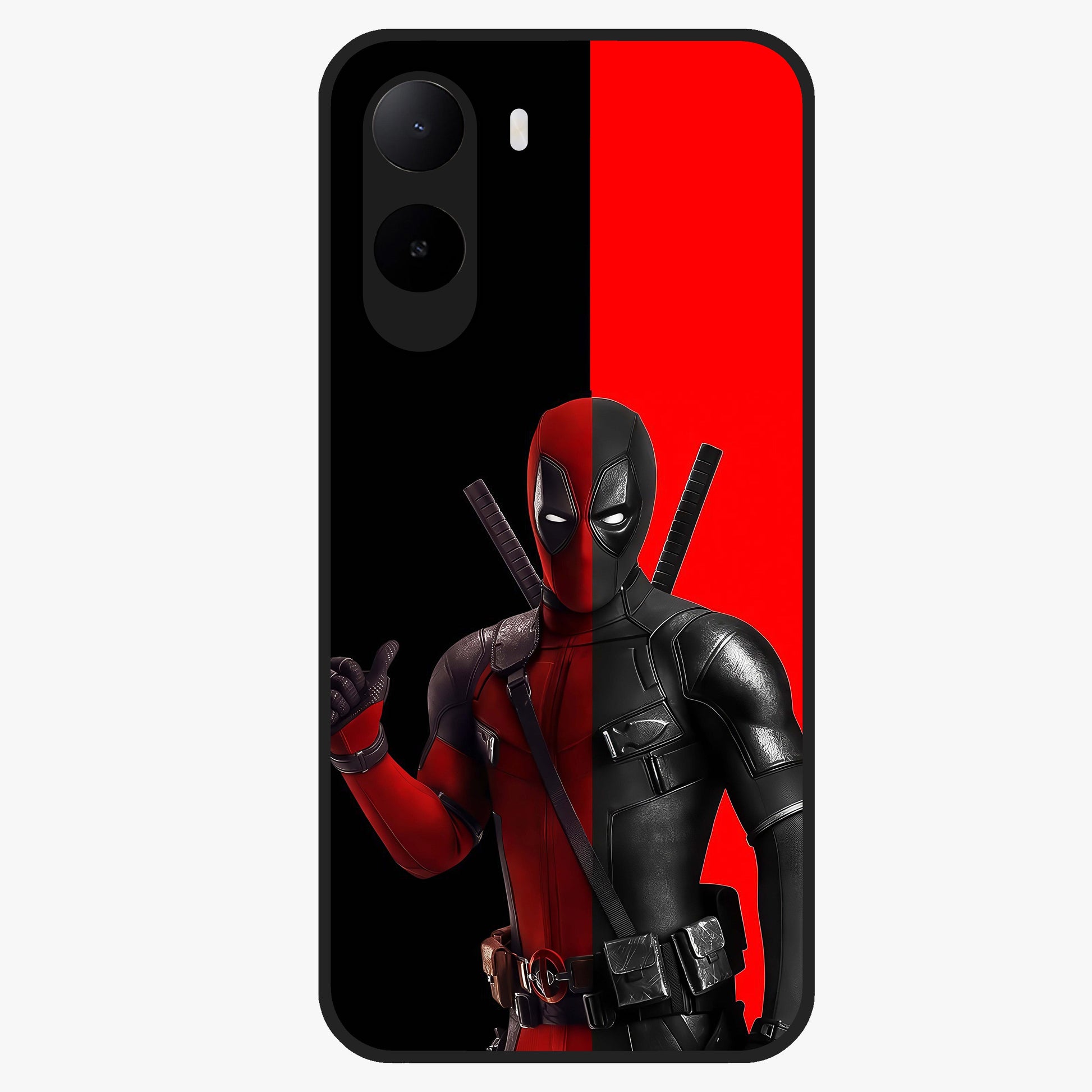 Red & Black Deadpool Theme Glass Case showing flat back view with bold comic inspired artwork and glossy glass finish.