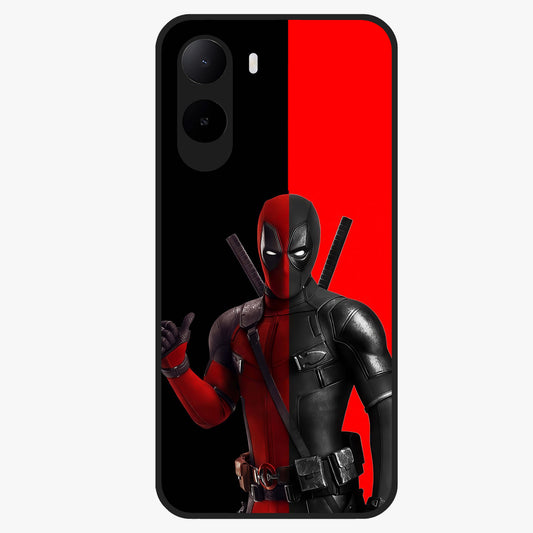 Red & Black Deadpool Theme Glass Case showing flat back view with bold comic inspired artwork and glossy glass finish.
