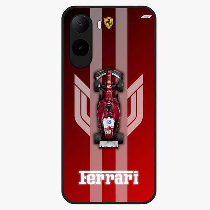 Red Ferrari F1 Vertical Glass Case showing flat back view with sleek Formula racing car artwork and glossy glass finish.