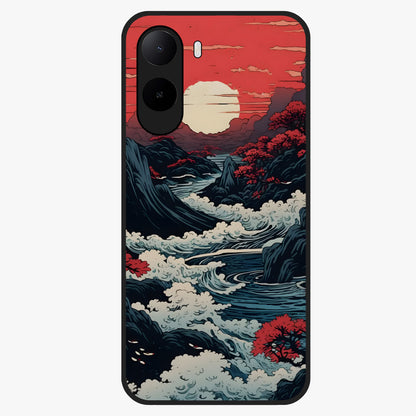 Red Sunset Scenery Glass Case showing flat back view with vibrant sunset landscape artwork and glossy glass finish.