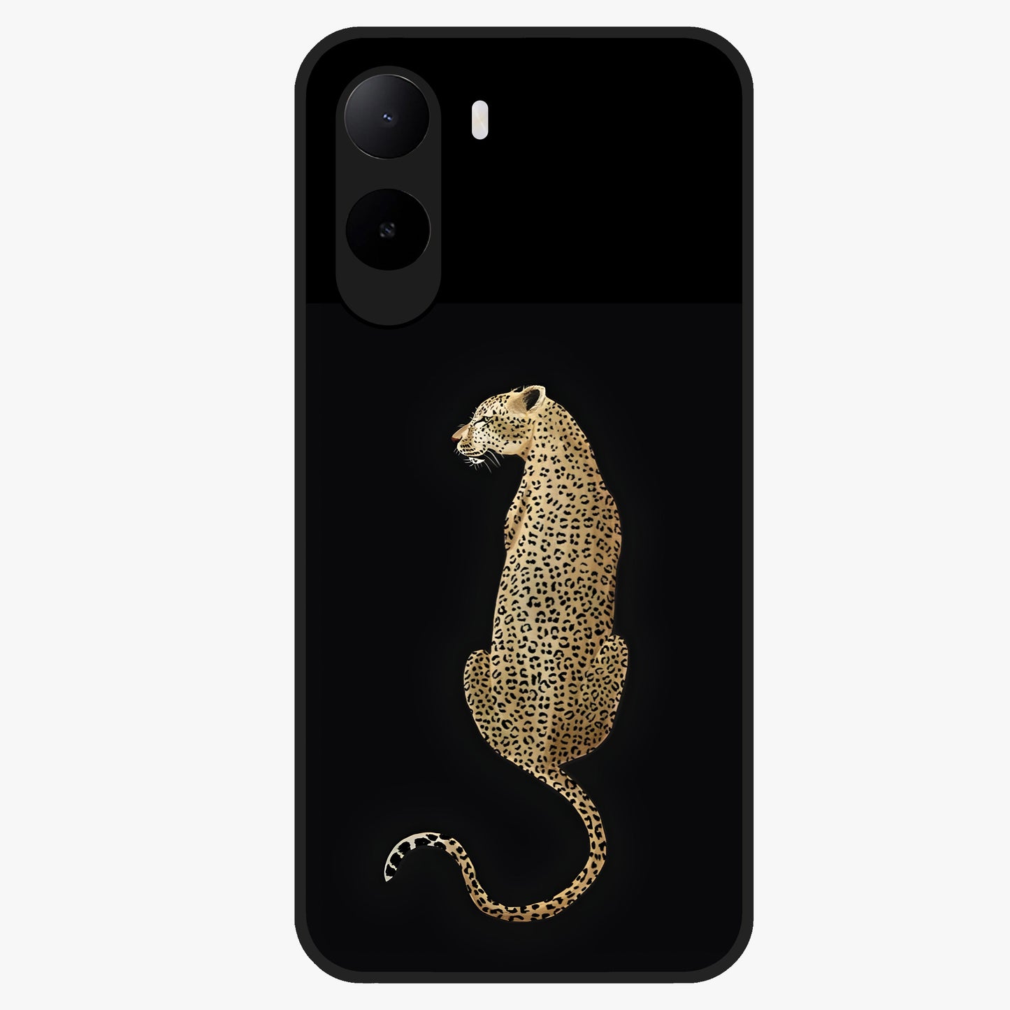 Regal Leopard Glass Case showing flat back view with bold leopard artwork and glossy glass finish.
