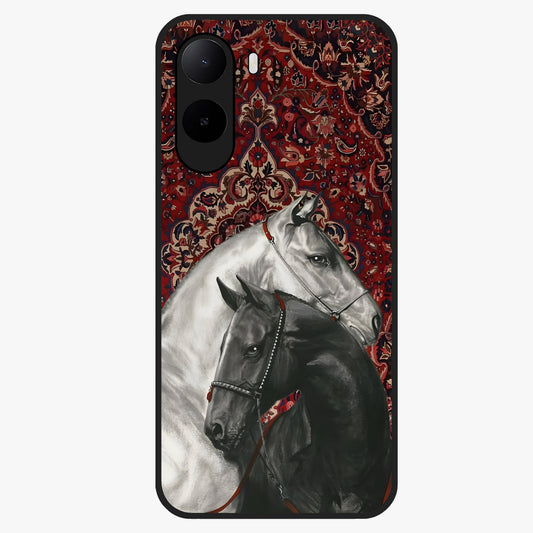 Regal Stallion Tapestry Glass Case showing flat back view with majestic horse tapestry artwork and glossy glass finish.