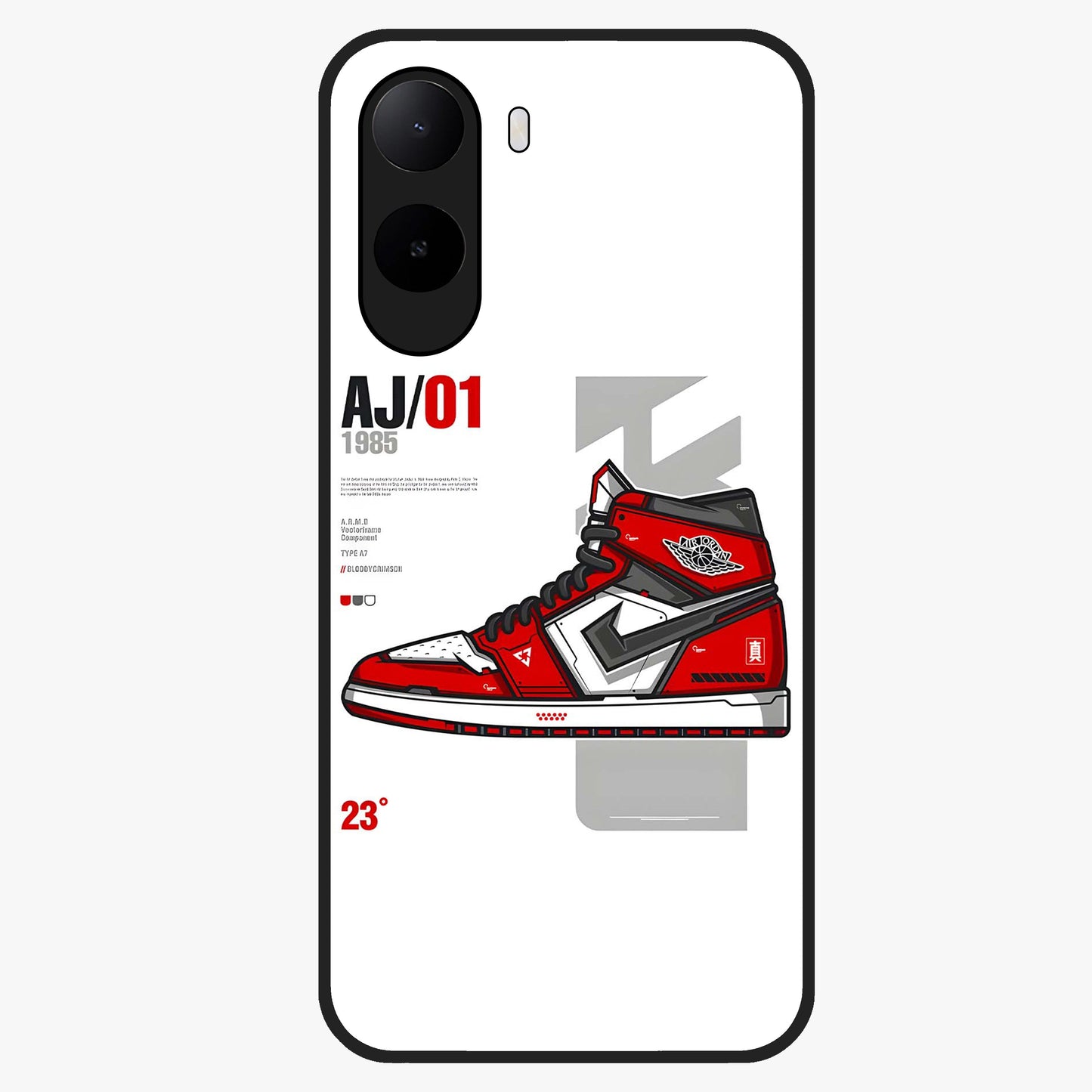 Retro Sneaker Blueprint Glass Case showing flat back view with sneaker blueprint style artwork and glossy glass finish.