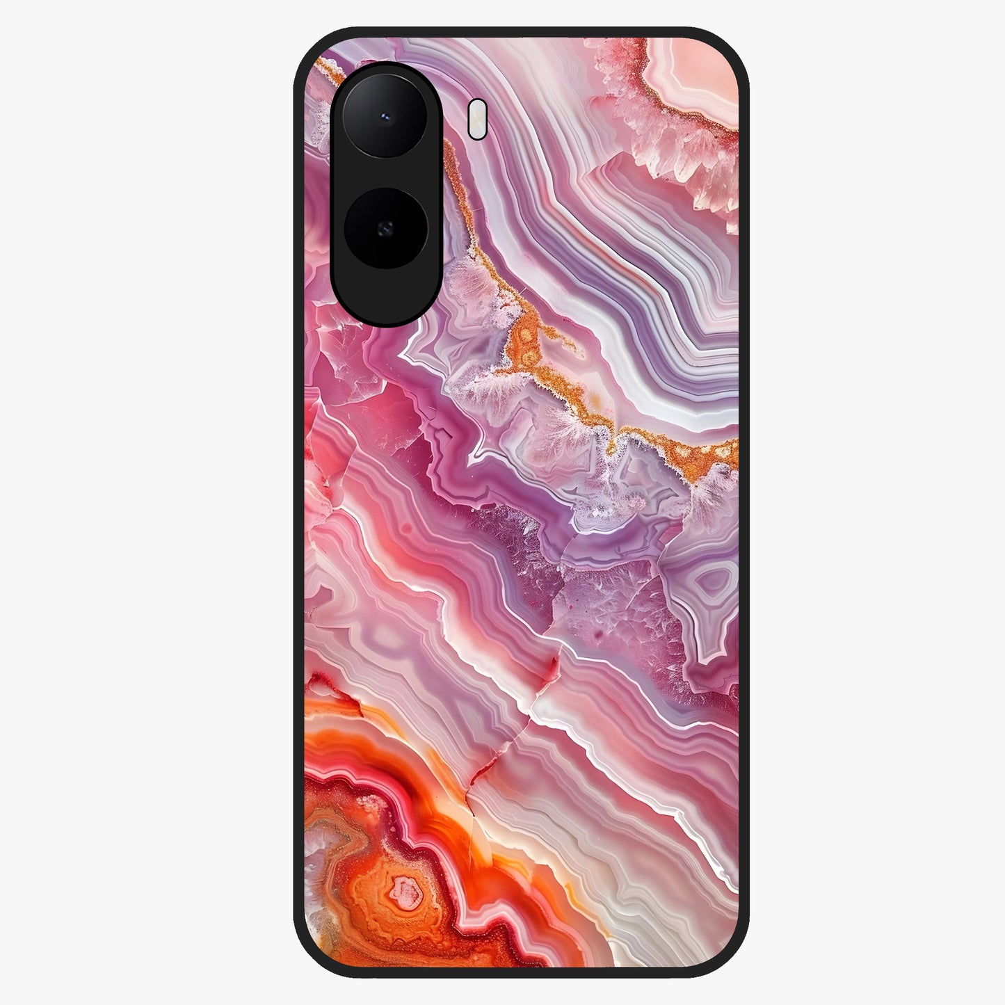 Rose Quartz Marble Glass Case showing flat back view with pink marble quartz texture artwork and glossy glass finish.