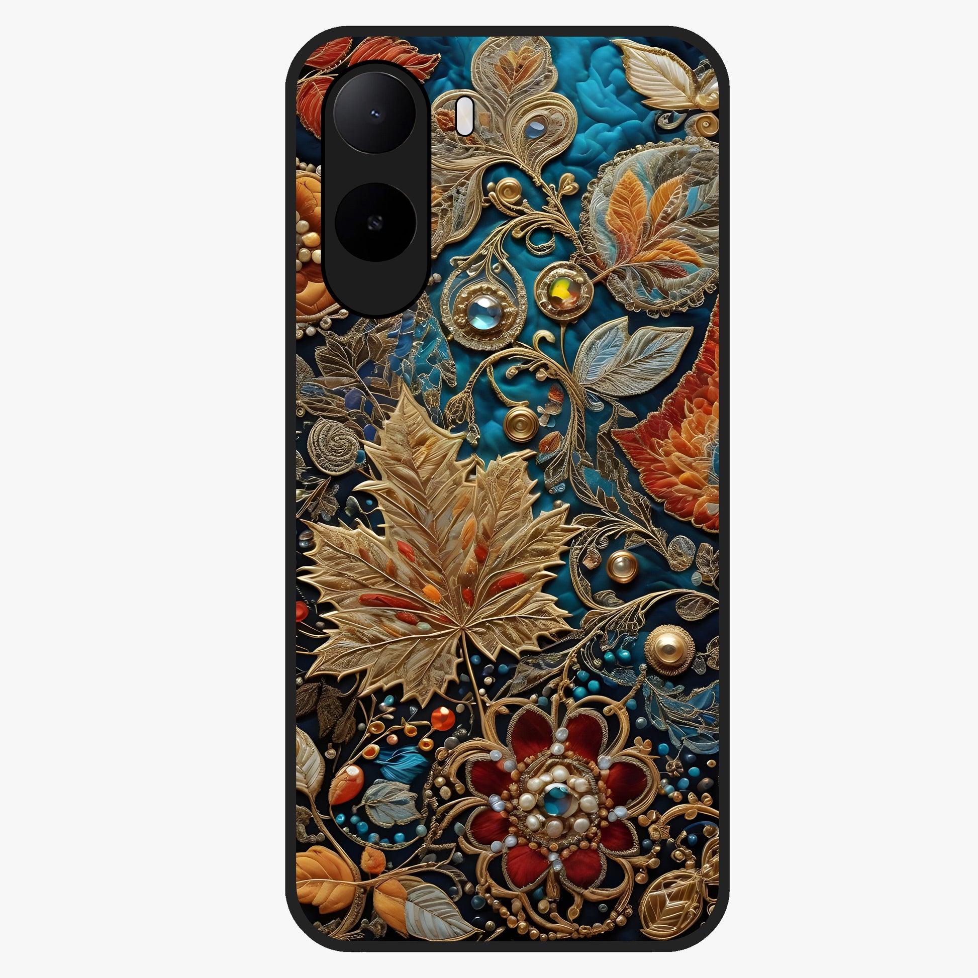Royal Jewel Garden Glass Case showing flat back view with decorative floral garden artwork and glossy glass finish.