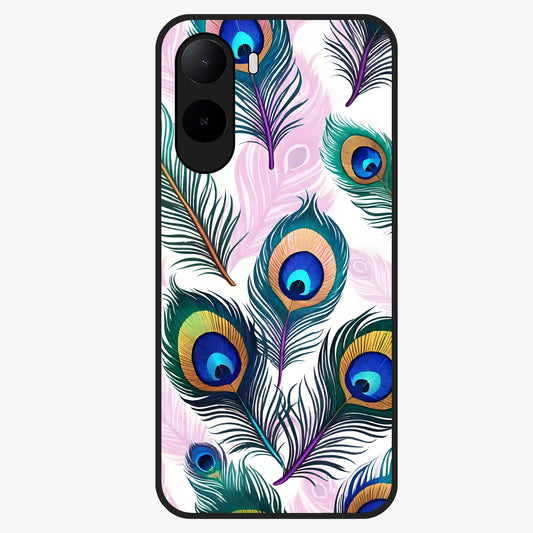 Royal Peacock Feathers Glass Case showing flat back view with colorful peacock feather artwork and glossy glass finish.
